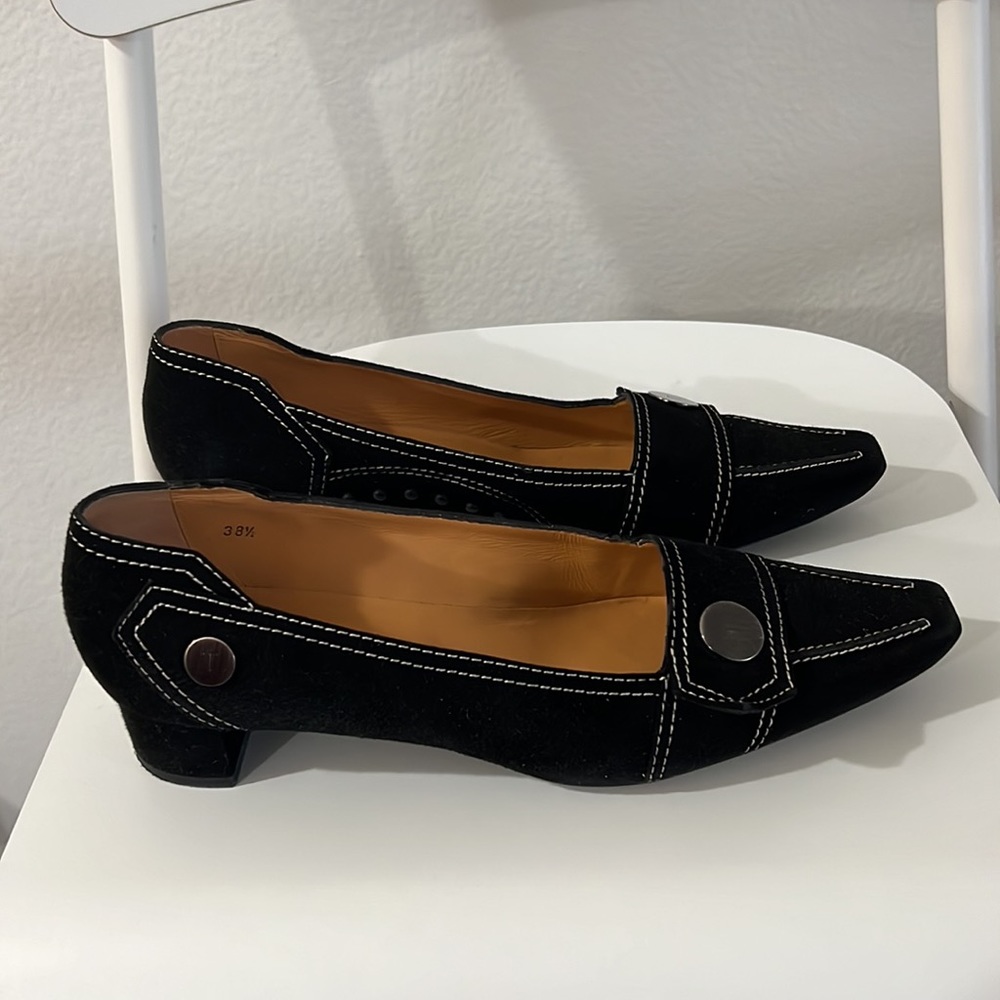 Tod's Black Suede Pointed Toe Loafers with White Stitching - Picture 3 of 6